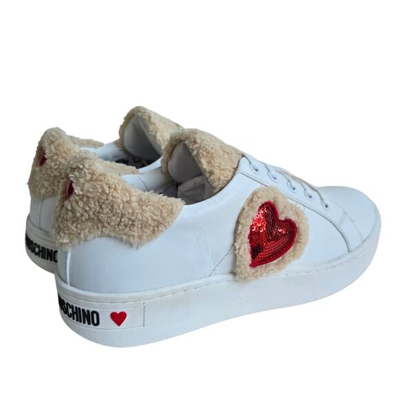 Love Moschino Sequin Heart Sneakers Size EU41 US 11 Shearling Trim White Leather - Picture 7 of 15